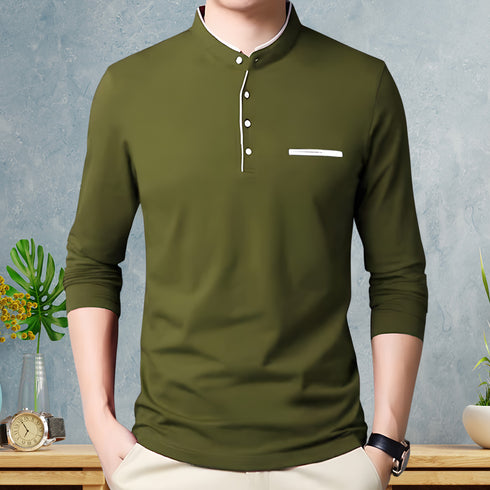 Men Olive Henley Full Sleeve T-Shirt